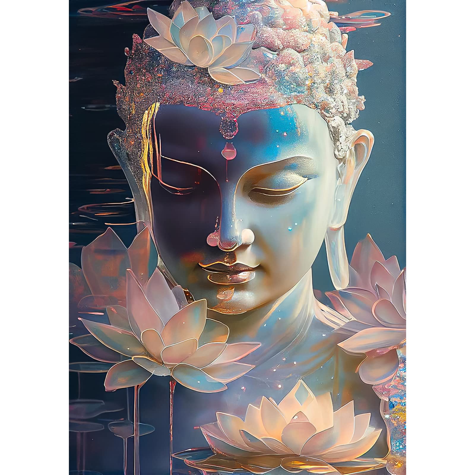QENSPE 5D Diamond Painting Kits for Adults, Flowers Diamond Art Kits Full Drill Buddha Statue Diamond Painting Kit for Kids Beginners, DIY Crystal Picture Art for Home Wall Decor 30x40cm/12x16in
