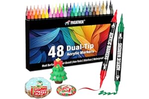 Pagather 48 Colors Acrylic Paint Markers, Dual Tip with Fine Tip and Brush Tip Pens for Stone, Wood, Calligraphy, Canvas, Ceramic, Metal, Glass, Rock Painting, DIY Crafts