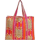 LKGSM RUGS Cotton Tiger Block Print Tote Bag, Handmade Indian Shopping Shoulder Bag, Unisex Market Daily Use