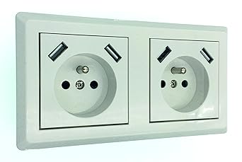 Schuko Doppelsteckdose (E-Type) mit je 2 x USB Ladebuchse (max. 2800mA) in weiß, Eleganter Style, passt in 2-fache Unterputzd