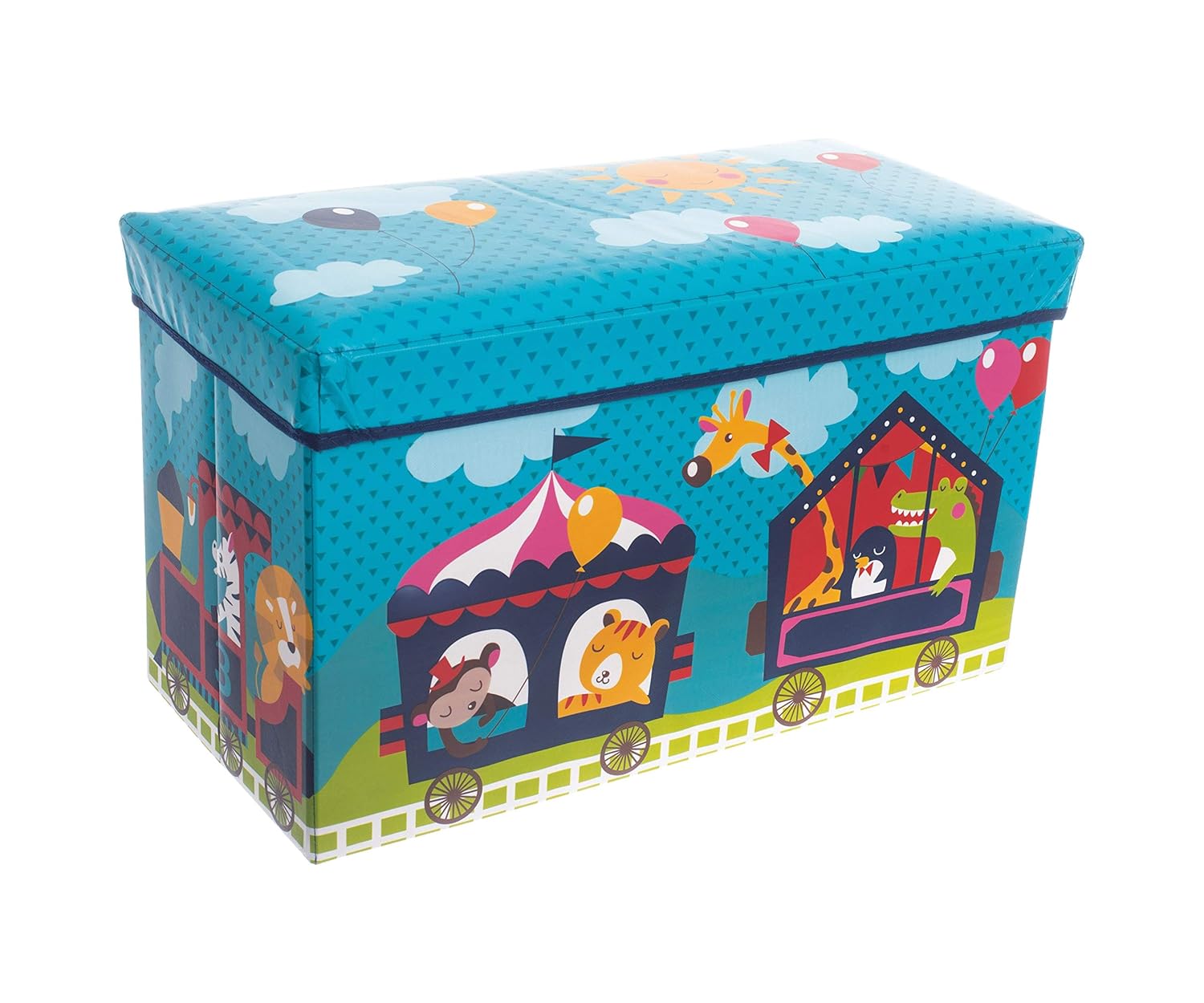 Bieco Aufbewahrungsbox mit Deckel Kinder Zirkus, faltbar, Sitzhocker mit Sitzgelegenheit, und Polsterung, Spielzeugkiste mit Stauraum, Sitztruhe, Jungen & Mädchen, 66 L, Belastbar bis 80 Kg, türkis