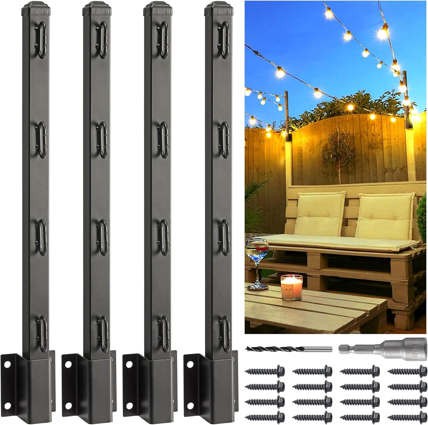 Outdoor Shepherd's Hooks - Wocepu 23.5in Hanging Outdoor String Light Poles, Outdoor Line Light Poles, for Patio Fence/Backyard Garden Terrace/Exterior House Wall Light Post Mounting Bracket (Wooden Wall-8pack)