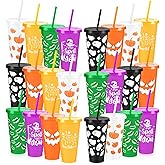 Yoiemivy 24 Pack Halloween Plastic Cups Bulk 24 oz Reusable Halloween Party Cups Cute Ghost Tumblers with Lids and Straws for Party Drinkware Supplies