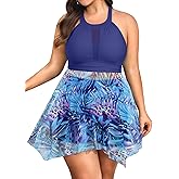 NIeyook Plus Size Swimsuit for Women High Neck Tummy Control Bathing Suit 2 Piece Tankini with Shorts Flowvy Mesh Swimwear