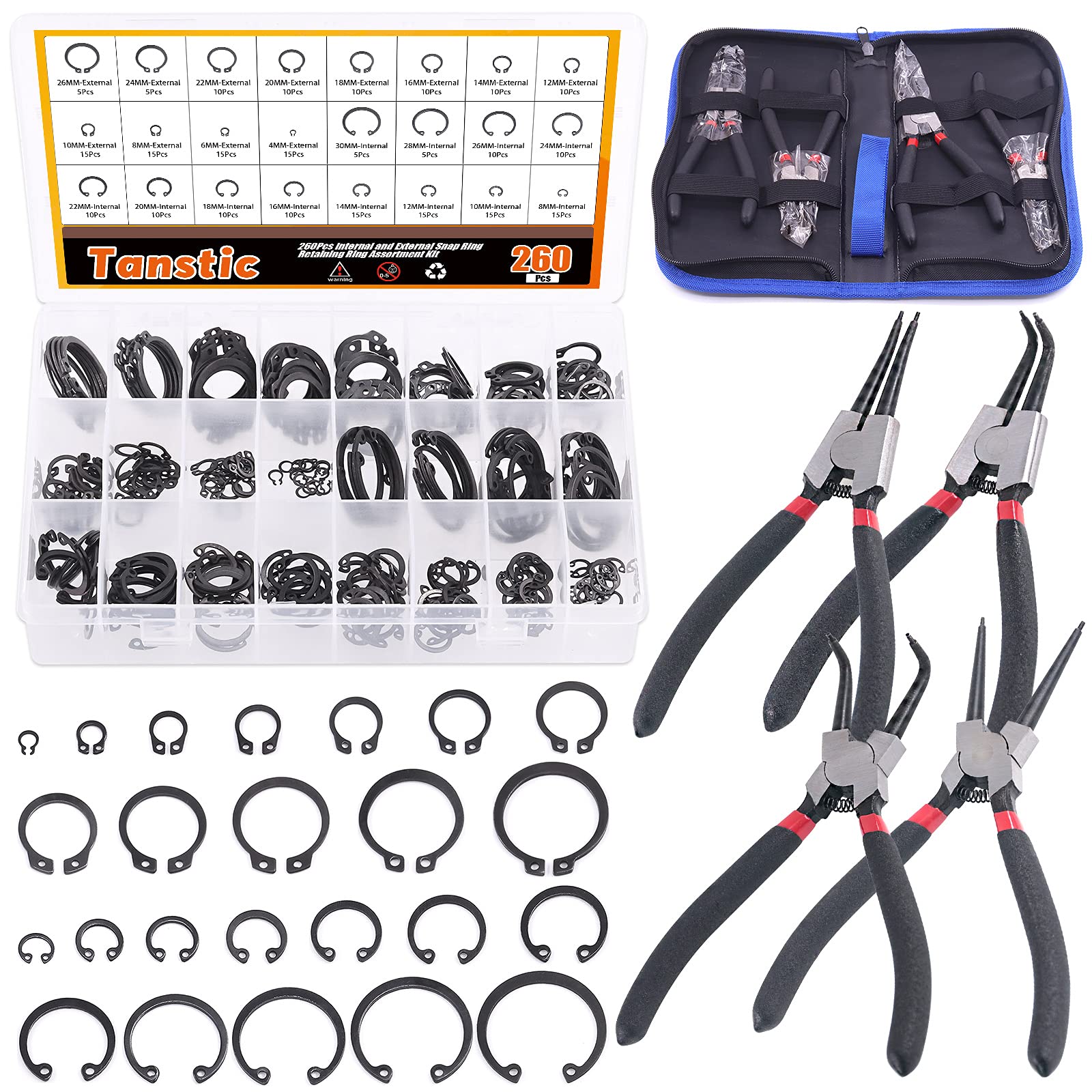 Tanstic 264Pcs Snap Ring Pliers Set with 4Pcs 7 Inch Internal/External Snap Ring Pliers and 260Pcs Internal/External Snap Ring Retaining Ring Assortment Kit