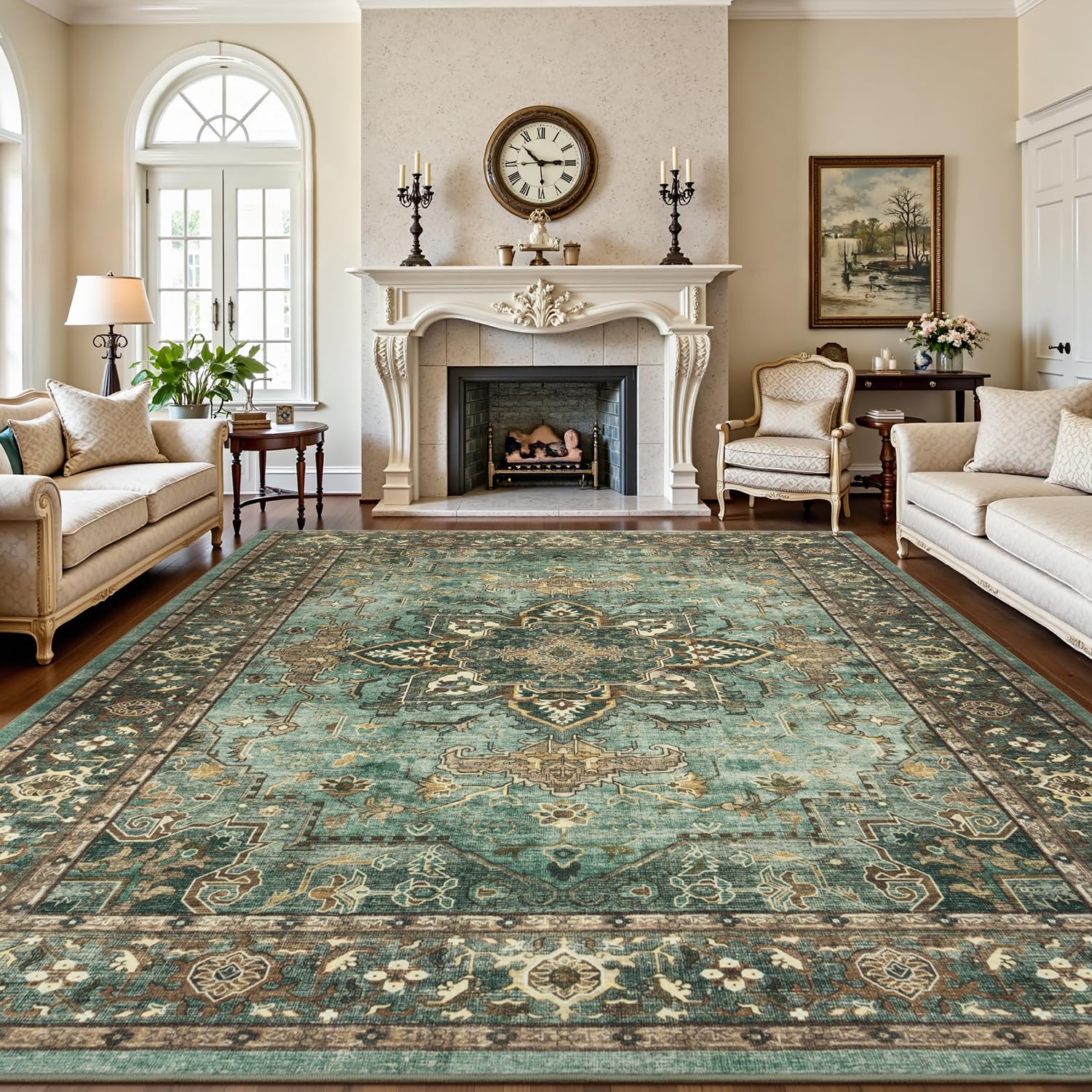 Lofus 8x10 Area Rugs for Living Room, Washable Area Rug, Rugs for Bedroom, Kitchen, Vintage Boho Carpet, Soft Non-Slip, Low Pile Large Area Rug for Office Dining Room, Green Image