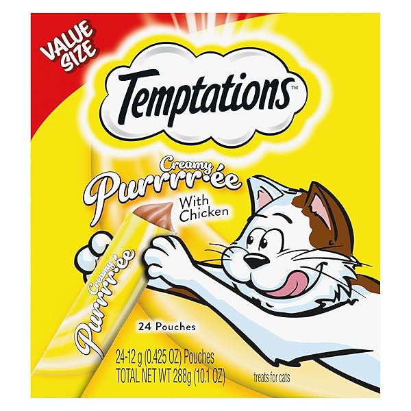 TEMPTATIONS CREAMY PUREE WITH CHICKEN, LICKABLE CAT TREATS, 0.42 OZ POUCHES, 24 COUNT