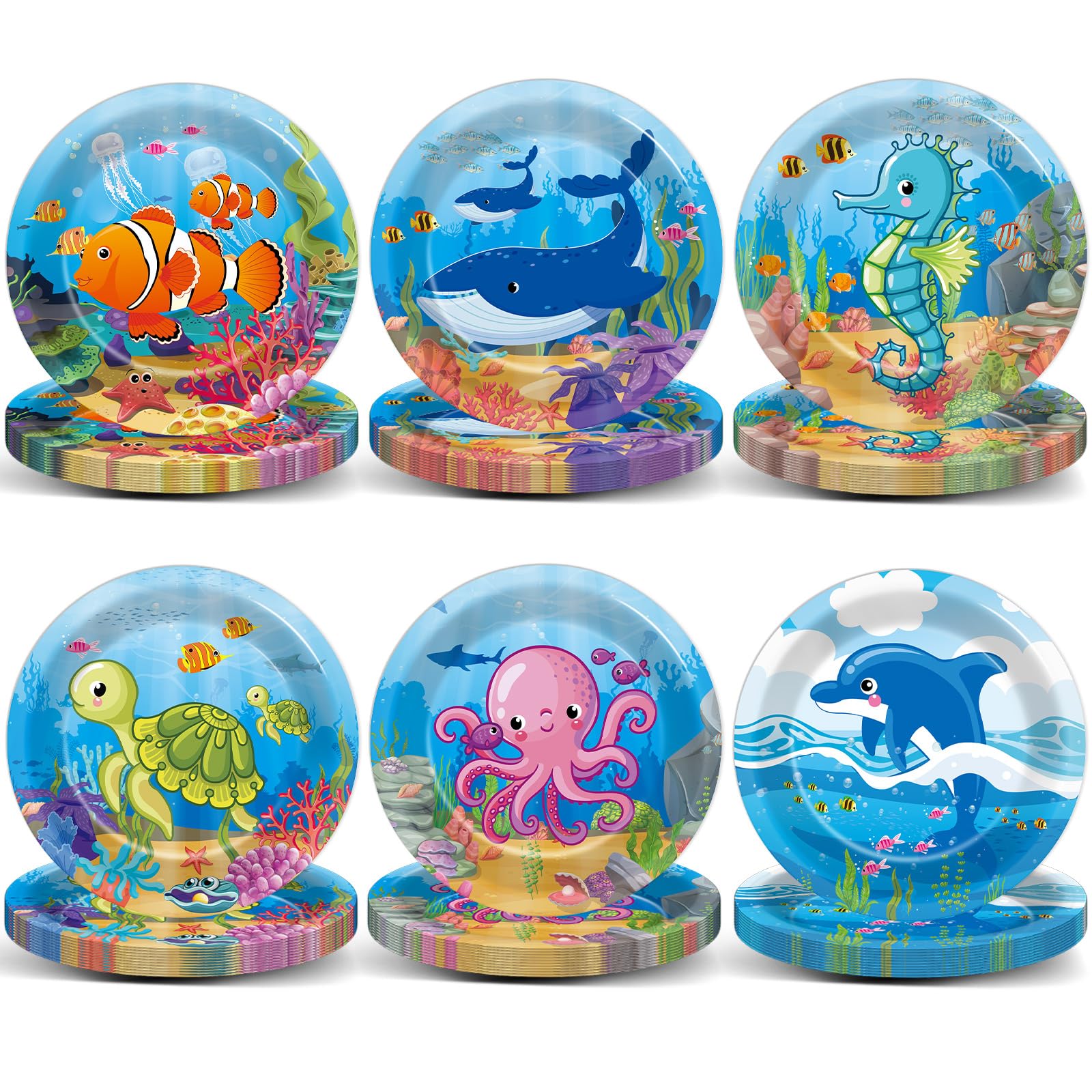 Photo 1 of 48Pcs Under the Sea Party Decoration Ocean Birthday Paper Dessert Plates 7" Sea Animal Theme Tableware Underwater Creature Table Decor Supplies Baby Shower Ocean life Birthday Party Favor