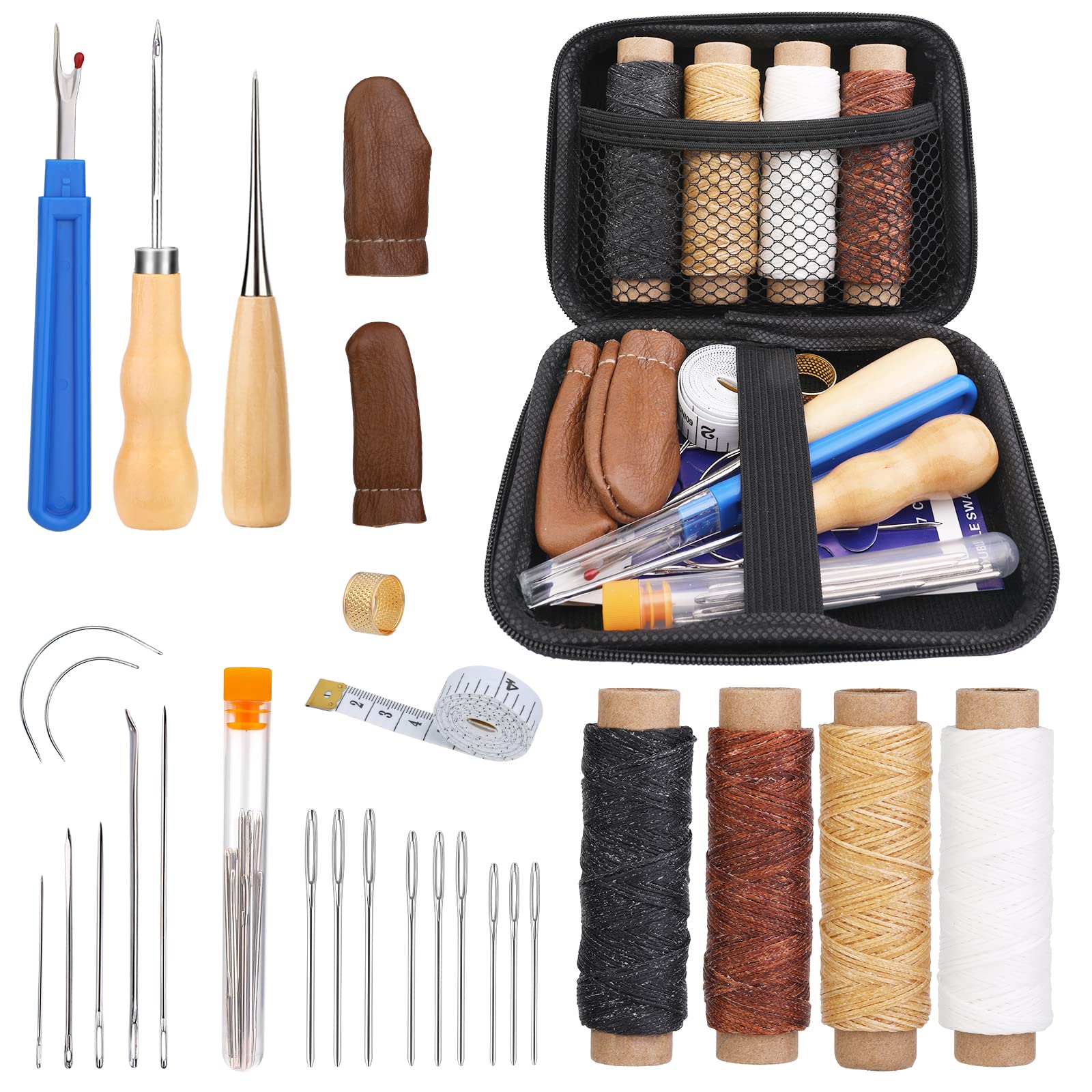 JUAYING Leather Sewing Kit, Upholstery Repair Kit Includes Wax Thread, Sewing Awl, Leather Sewing Needles of Various Sizes, and Seam Ripper, Leather Stitching Kit for Beginners or Leather Craft DIY — image 1