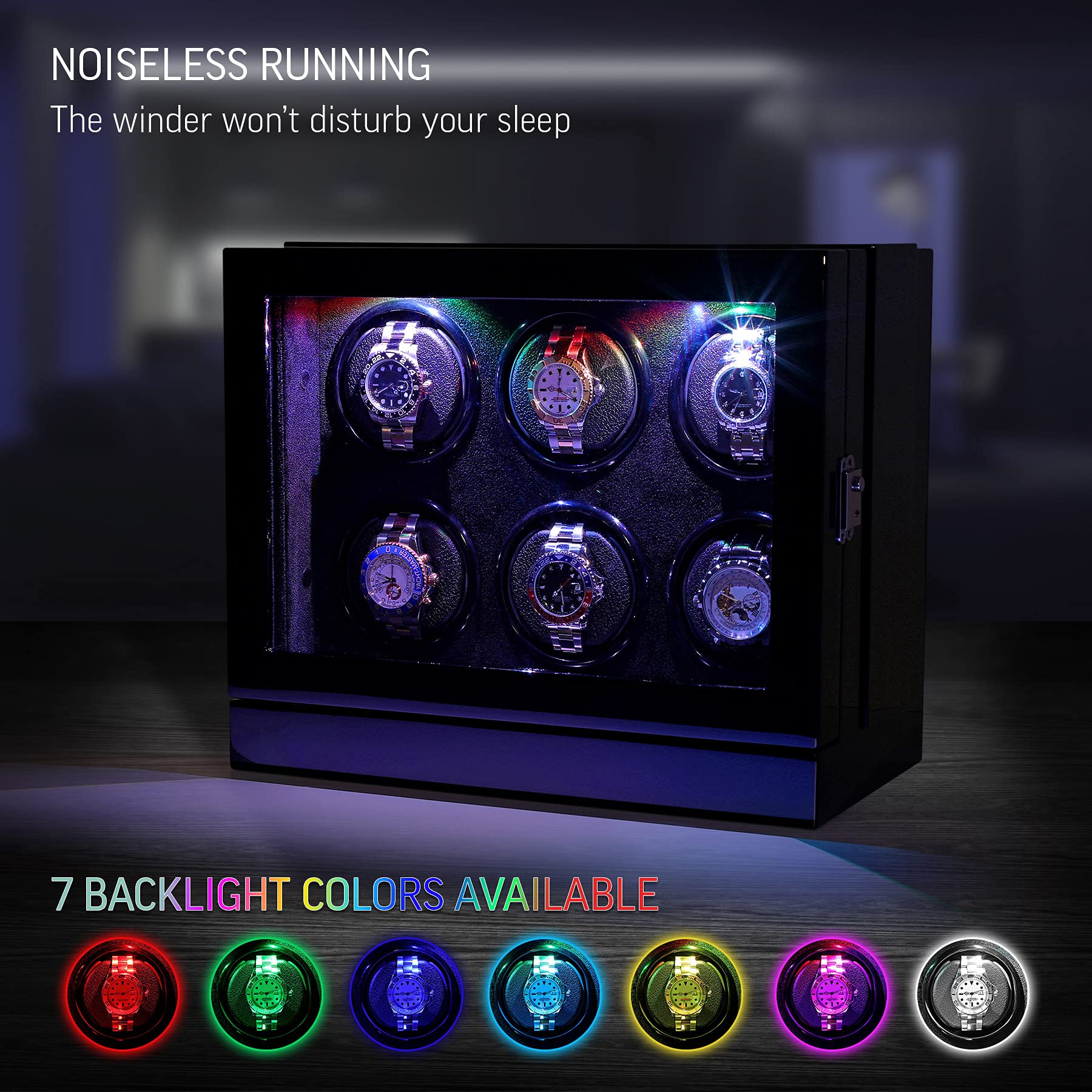 Watch Winder for 6 Watches with Customisable Winding Mode and LED Backlight (Black)