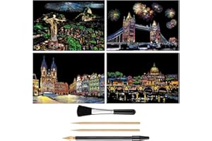 MeowHaus Scratch Art Rainbow Painting Paper, Craft Arts Supplies Set: 4 Sheets (A4) DIY Crafts Scratchboard Painting Engraving Womens Hobbies, Adults and Kids Christmas Birthday Gift -with 4 Tools Pen