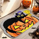 MEHOFOND Halloween Pumpkin Black Cat Non-Slip Bathroom Rug, 20x30 Inch | Soft Bathroom Rugs, Absorbent Microfiber Tufted Bath Mat, Rectangle Shower Rug Front Door Mat Home Bathroom Decoration