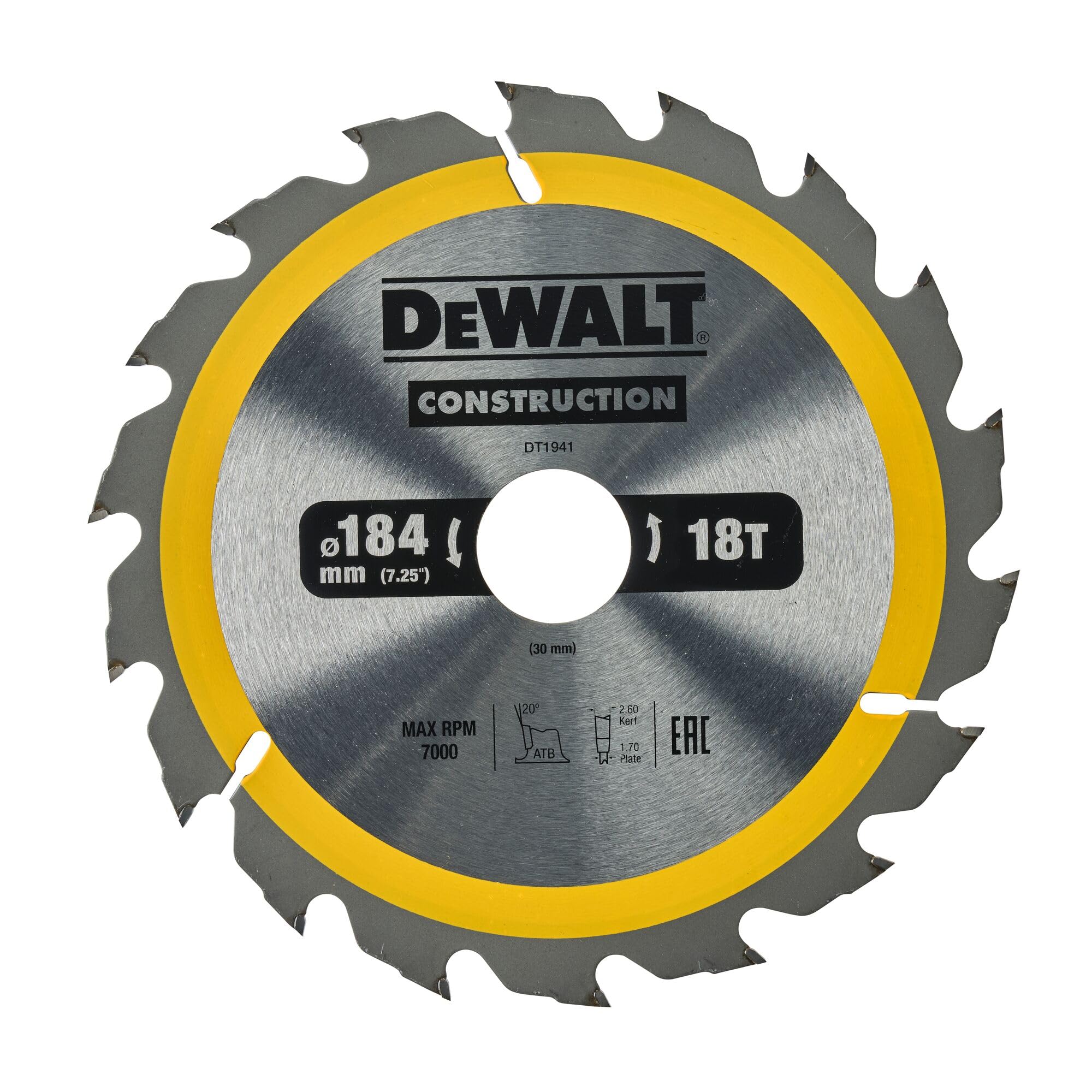 DEWALT DT1941-QZ Portable Circular Saw Blade – for Construction 184 X 30 Mm 18D ATB + 20º