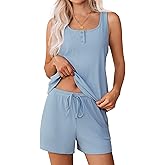 Ekouaer Womens Sleeveless Pajamas Set Tank Top and Shorts Set Ribbed Knit Pjs Set Summer Sleepwear Soft Pj Sets