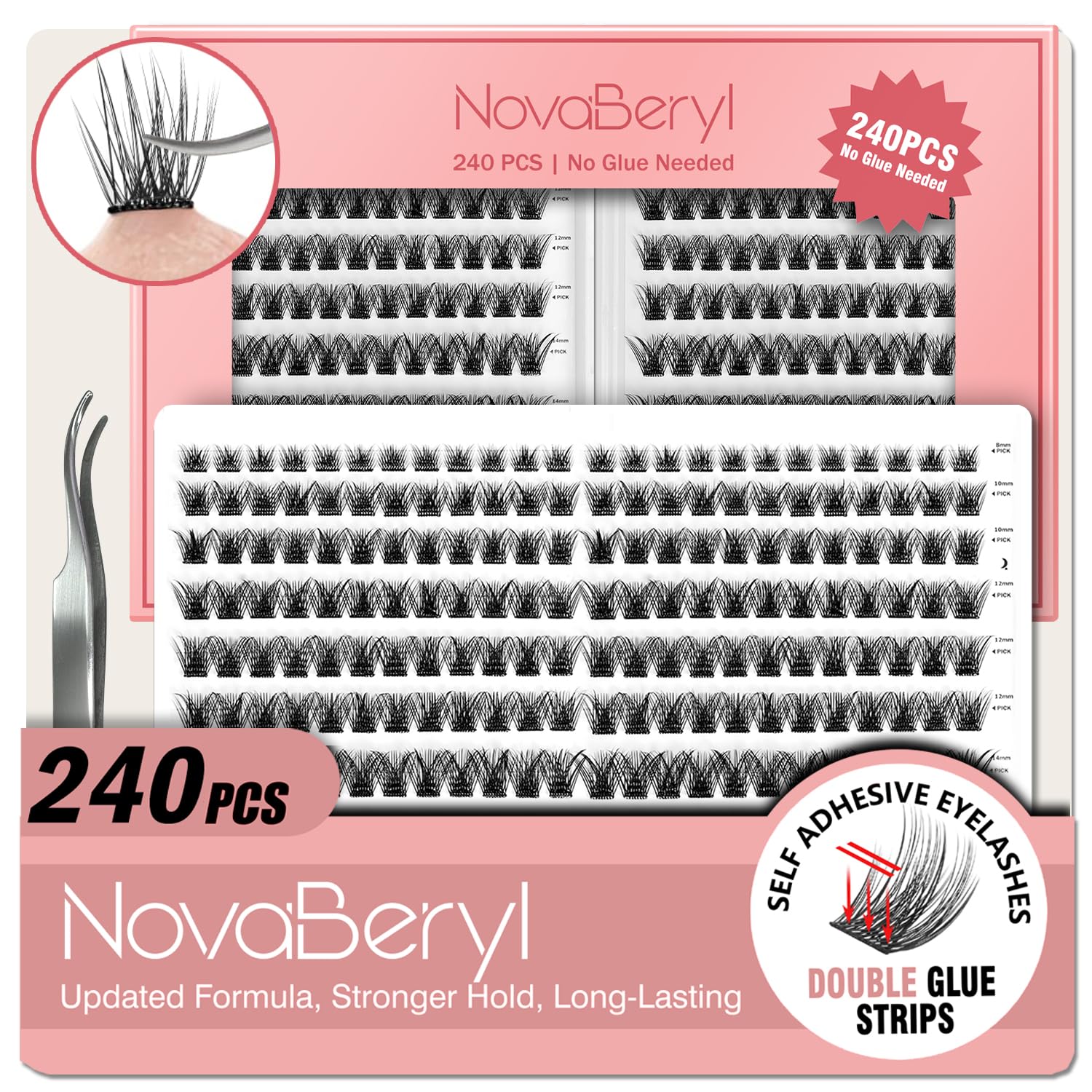 Photo 1 of Self Adhesive Lash Clusters,Volume Eyelashes Cluster 240PCS,Double-Row Sticky Strips No Glue Needed,8-16mm DIY Individual Lash Extensions,Soft Fluffy False Eyelashes with Tweezers by NovaBeryl