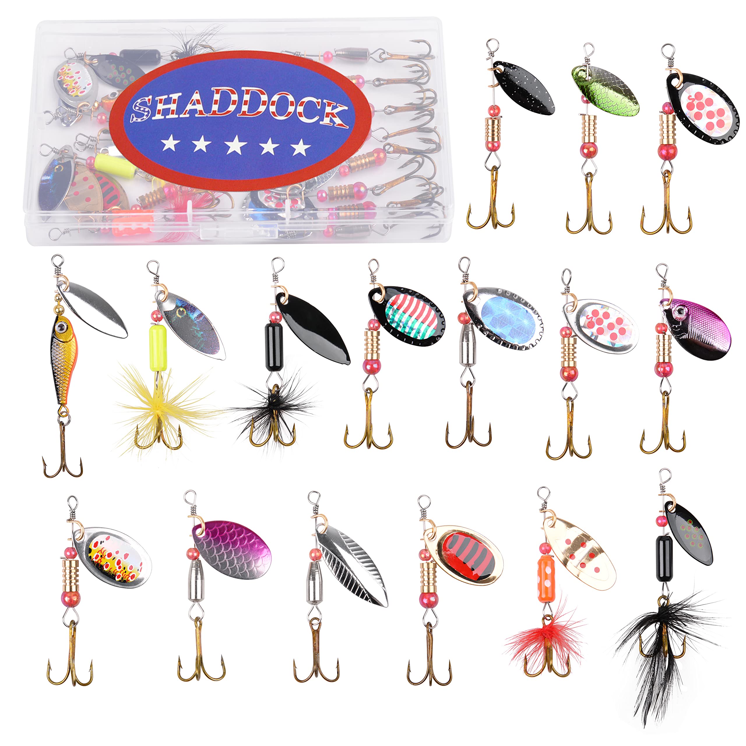 SHADDOCK Fishing Lures Kit Spoon Spinnerbaits Swimbait Crankbaits Minnow Variety Kit Rooster Tail Trout Spinner Salmon Spoons Walleye Assorted Metal Hard Lures Spinners Bait (16pcs Spinner Kits)