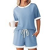 Ekouaer Women Ribbed Knit Pajama Sets, Short Sleeve Top and Shorts 2 Piece Soft Pjs Sleepwear with Pockets Lounge Sets S-XXL
