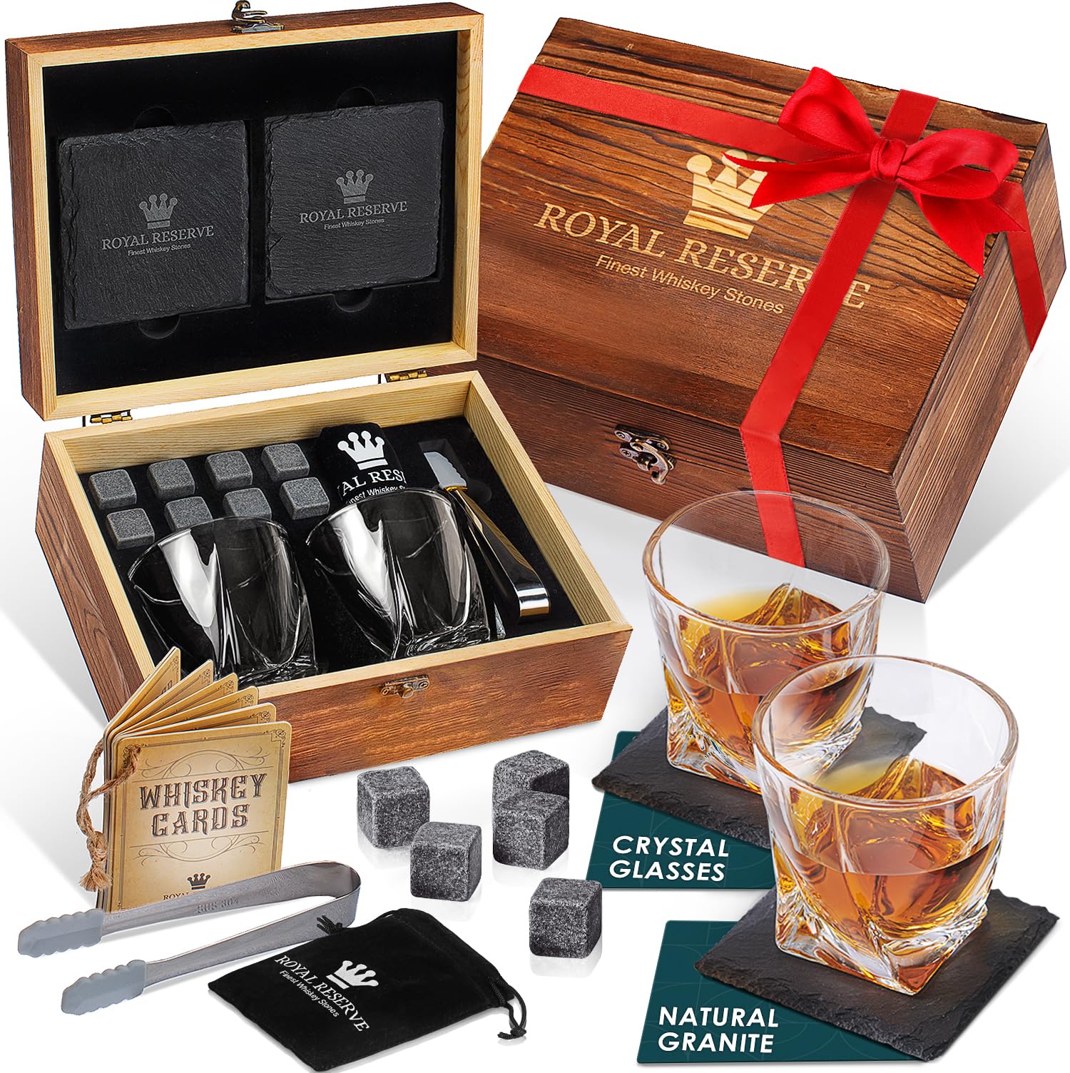 Photo 1 of Royal Reserve Whiskey Glasses Set of 2 with Chilling Stones & Coasters – Whiskey Gift for Men Dad Boss Boyfriend on Retirement, Anniversary & Birthday