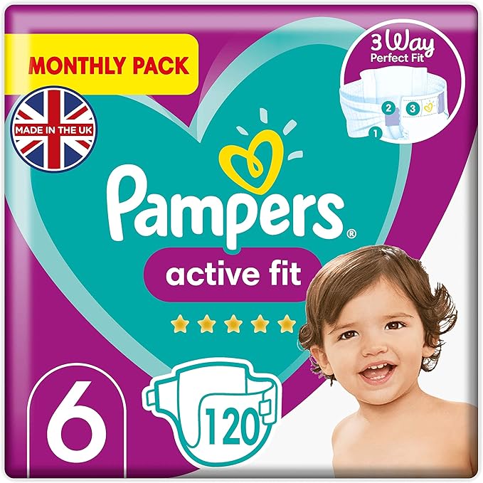 Pampers Size 6 Active Fit Baby Nappies, 120 Count, 360 Degree Comfort