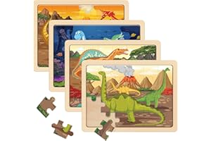 SYNARRY Wooden Dinosaur Puzzles for Kids 3-5, 4 Packs 24 PCs Jigsaw Puzzles Dinosaurs Toys Preschool Educational Brain Teaser