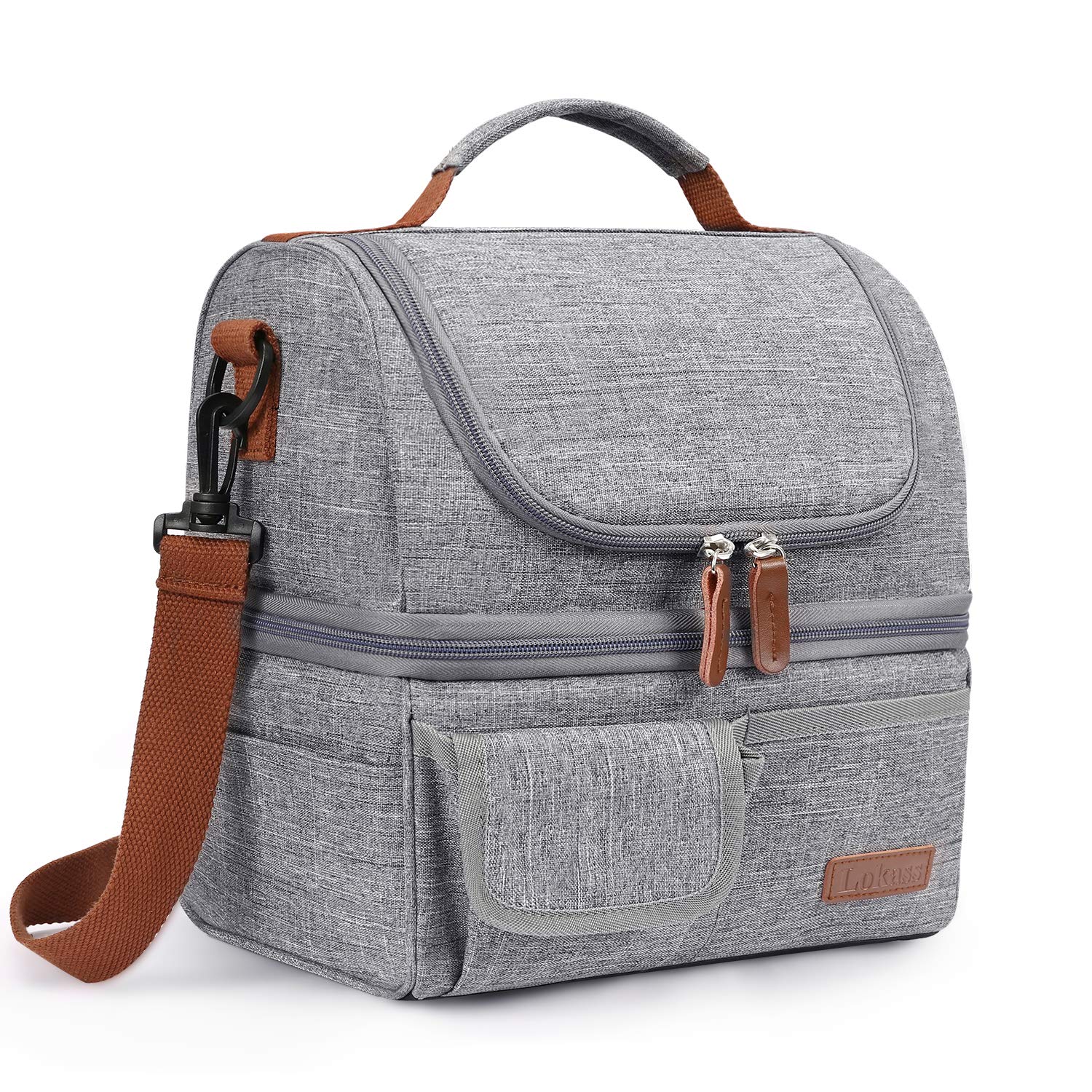 LOKASS Lunch Box for Women-Double Deck Insulated Adults Lunch Bag with Removable Shoulder Strap- Cute Wide Open Lunch Tote for Work/Office/Picnic/Beach/Travel (Gray)