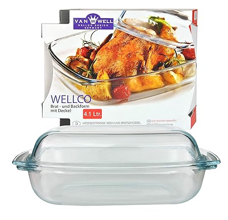 Van Well Brat- und Backform 4.1L mit Deckel, 340 x 215 mm, Glas-Schüssel 2.5 L + Deckel 1.6L, Auflaufform eckig, Wellco Kochg