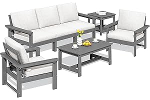 SERWALL HDPE Patio Furniture Set, 7-Piece Outdoor Sectional Sofa Set, All Weather Outdoor Couch Set for Deck, Lawn, Grey Frame with Khaki Cushion