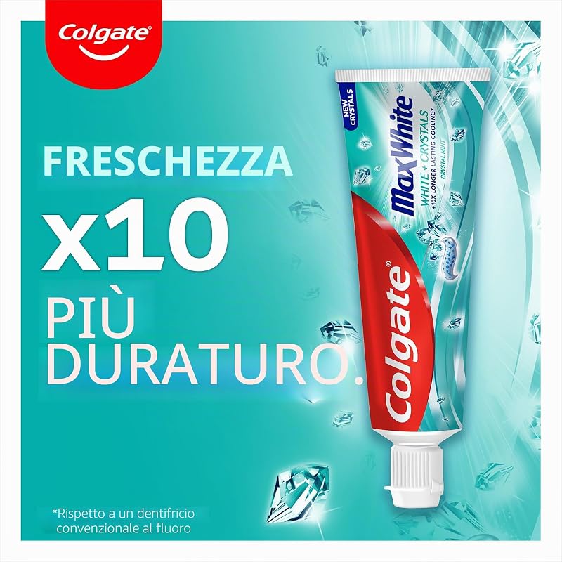 Max White Cristalli Bianchi Dentifricio Sbiancante, Confezione da 12 Pezzi x 75 ml, Salute Orcodentale Completa, Dentifricio Sbiancante con Protezione contro le Carie, Alito Fresco