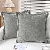 CaliTime Throw Pillow Covers Decorative 18 X 18 Inches Pack of 2 Cozy Chenille Scalloped Wavy Edge Cushion Cases for Couch Sofa Bed Living Room Farmhouse Medium Grey