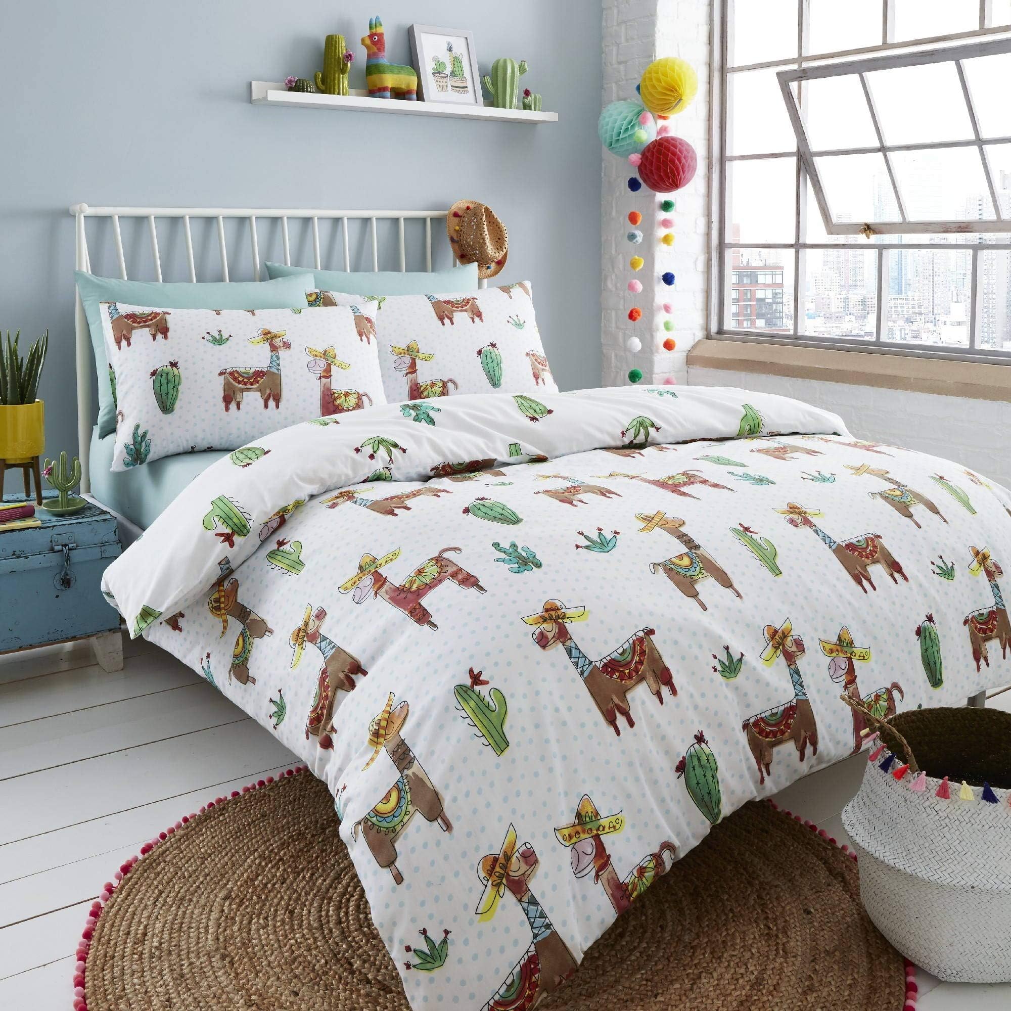Happy Linen Company Llama Mexicana Alpaca Cactus Reversible King Bedding Duvet Cover Set