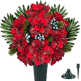 Artificial Christmas Cemetery Flowers for Grave Decorations with Vase | Red Poinsettia,Realistic memorial flower,Faux Silk,Weather-Resistant,Easy Installation,Outdoor Grave Decor for Gravisite