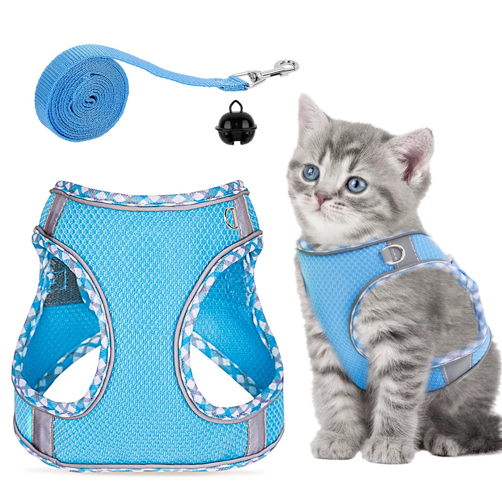 GOTRUST Cat Harness and Lead Set, Breathable Mesh Kitten Harness, Adjustable Escape-Proof Cats Vest with Leash, Reflective Pet Vest for Small Animals Rabbit Puppy - Blue