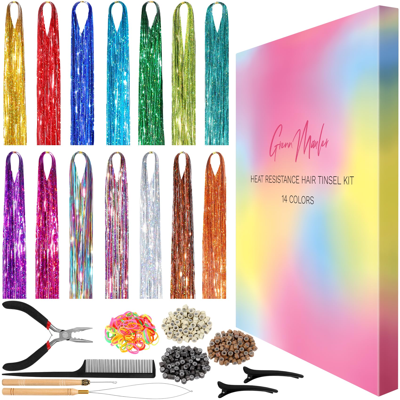Photo 1 of Heat Resistant Hair Tinsel Kit (48 Inch, 14 Colors, 3500 strands), Tinsel Hair Extensions with Tools for Women Hair Accessories