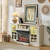 ROCKPOINT 3 Sided Glass 59" Fireplace TV Stand for TVs up to 65inch, Media Entertainment Center with Storage Cabinet,24" Electric Fireplace with LED Light and Flame Colors, White
