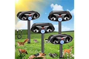 JAHYELEC 2025 Upgraded Solar Ultrasonic Animal Repellent Outdoor, 4 Pack Deer Repellent Devices USB Charge Animal Deterrent for Cat,Squirrel,Dog,Raccoon,Skunk,Rabbit Repellent for Yard Garden Lawn,Black