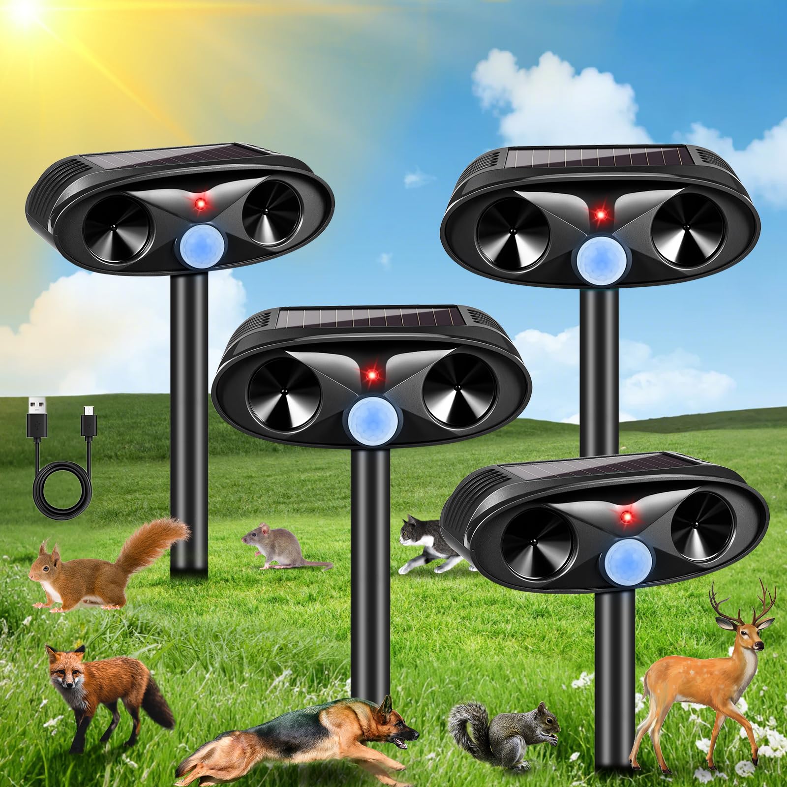 Photo 1 of 2025 Upgraded Solar Ultrasonic Animal Repellent Outdoor, 4 Pack Deer Repellent Devices USB Charge Animal Deterrent for Cat,Squirrel,Dog,Raccoon,Skunk,Rabbit Repellent for Yard Garden Lawn,Black