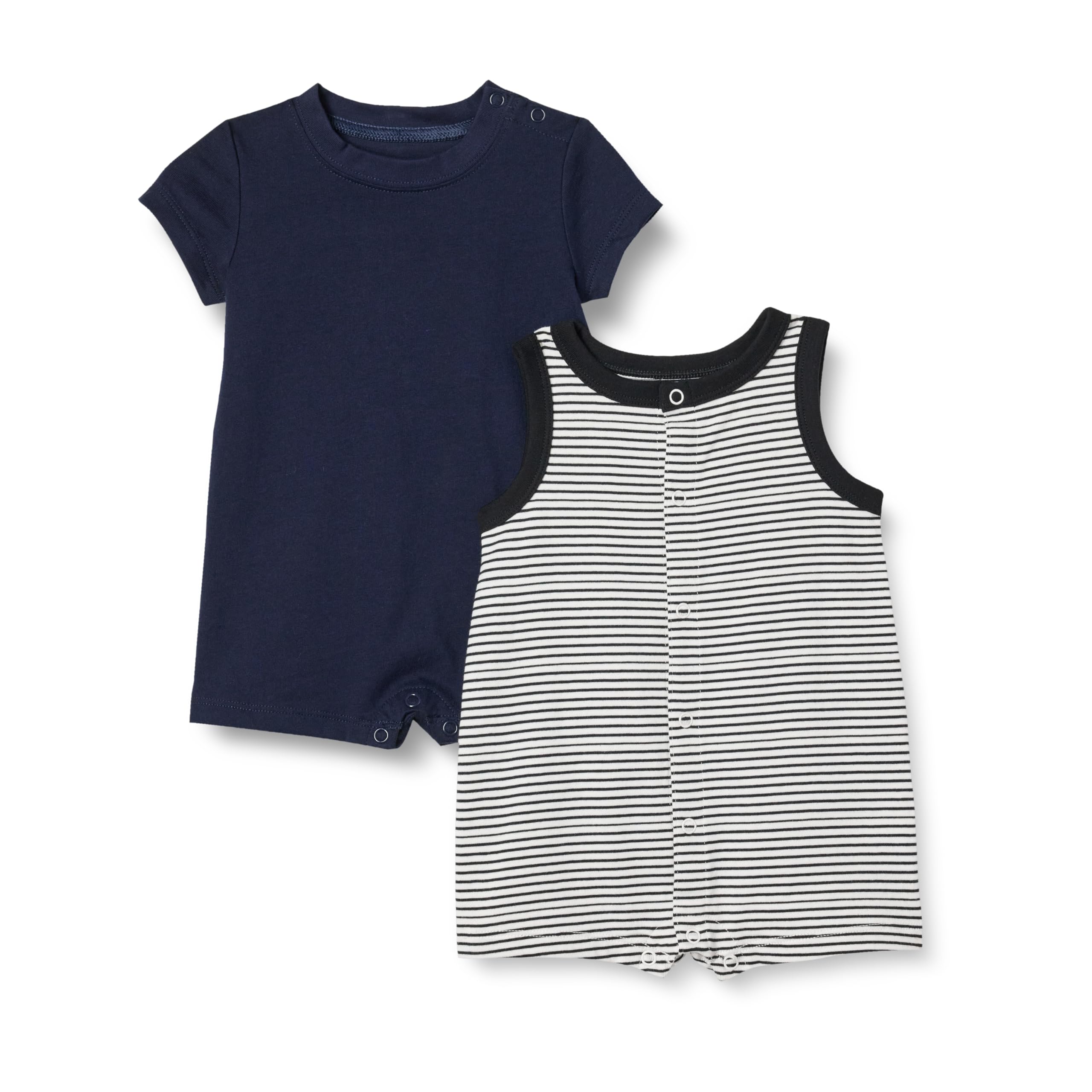 Photo 1 of Amazon Essentials Unisex Babies' Sleeveless and Short-Sleeve Romper Set, Pack of 2, Blue/Stripe, 12 Months