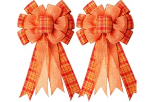 ICEYYYY Extra Large Fall Wreath Gift Bow -18.8x10.6inch Orange Buffalo Plaid Check Wreath Bow Swag Bows Thanksgiving Wreaths Pre-Tied Bows for Fall, Thanksgiving, Christmas, Home Indoor Outdoor Ornaments