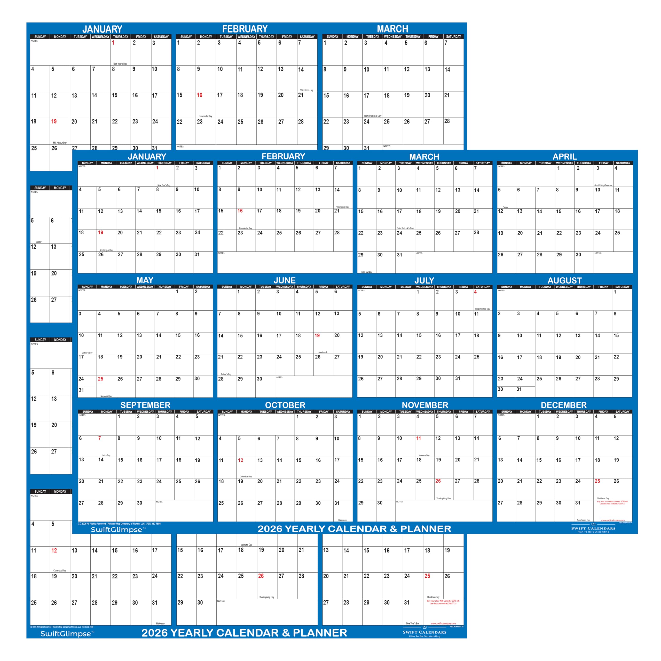 Photo 1 of 32" x 48" SwiftGlimpse 2026 Wall Calendar Erasable Large XL Wet & Dry Erase Laminated 12 Month Annual Yearly Wall Planner, Reversible, Navy