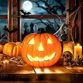 8 Inch LED Halloween Pumpkin Decorations, Lighted Indoor Outdoor Decor | Warm Glow, 2 AA Battery Operated, Classic Jack-O-Lantern Face, No Assembly, Table Room Porch Yard Display