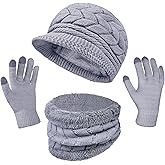3-Pieces Winter Hat Gloves Scarf Set, Knit Warm Beanie Hat Neck Warmer Touch Screen Mittens for Women