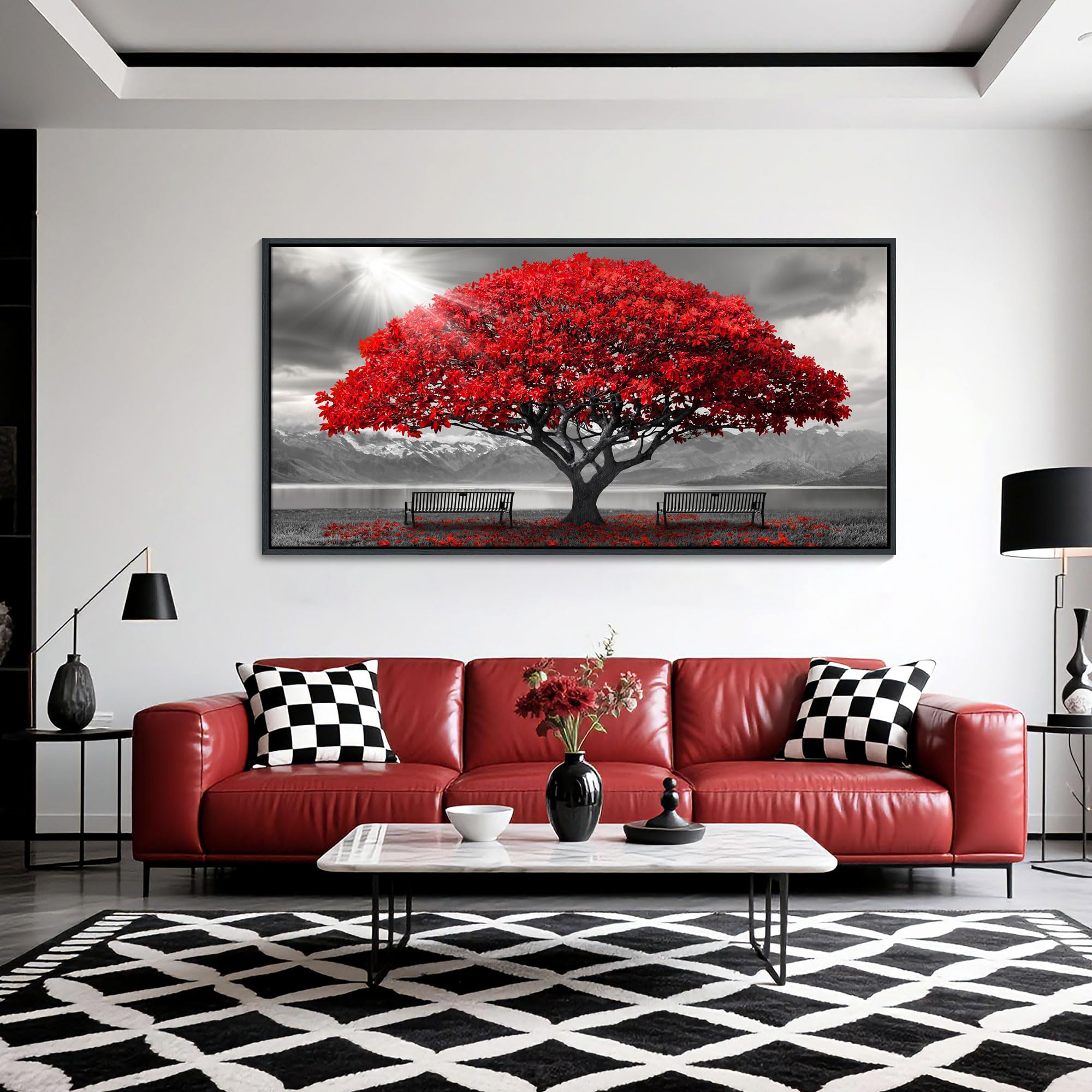 Photo 1 of AJAZIKO Red Wall Art - Modern Framed Wall Art for Living Room - Red Tree Black and White Landscape Canvas Prints Posters & Prints for Home Office Bedroom Decorations - Large Wall Pictures 24×48IN