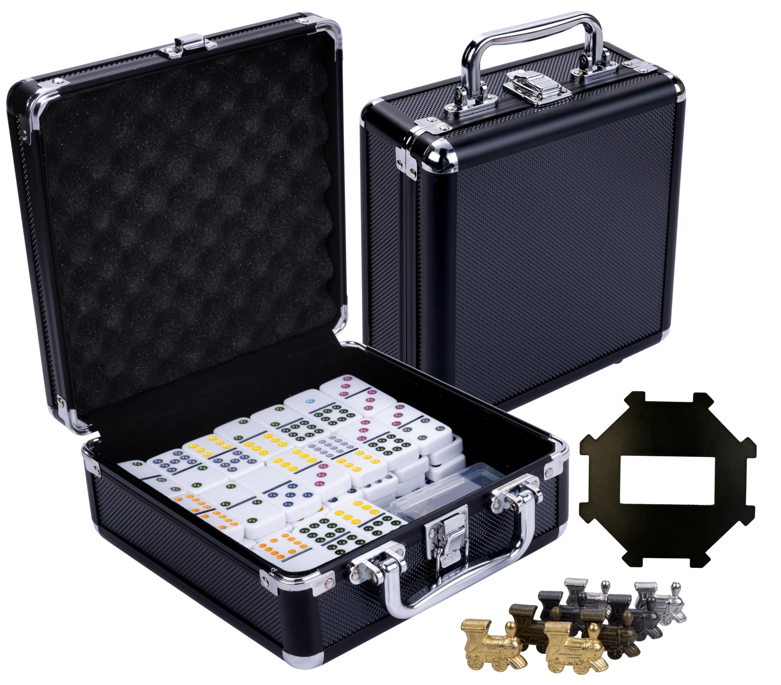 Engelhart - 250161 - Mexican Train Dominoes Set D12 - Black Metal Case - 91 Dominoes + 8 Metal Trains + Plastic Station - 2 to 8 Players