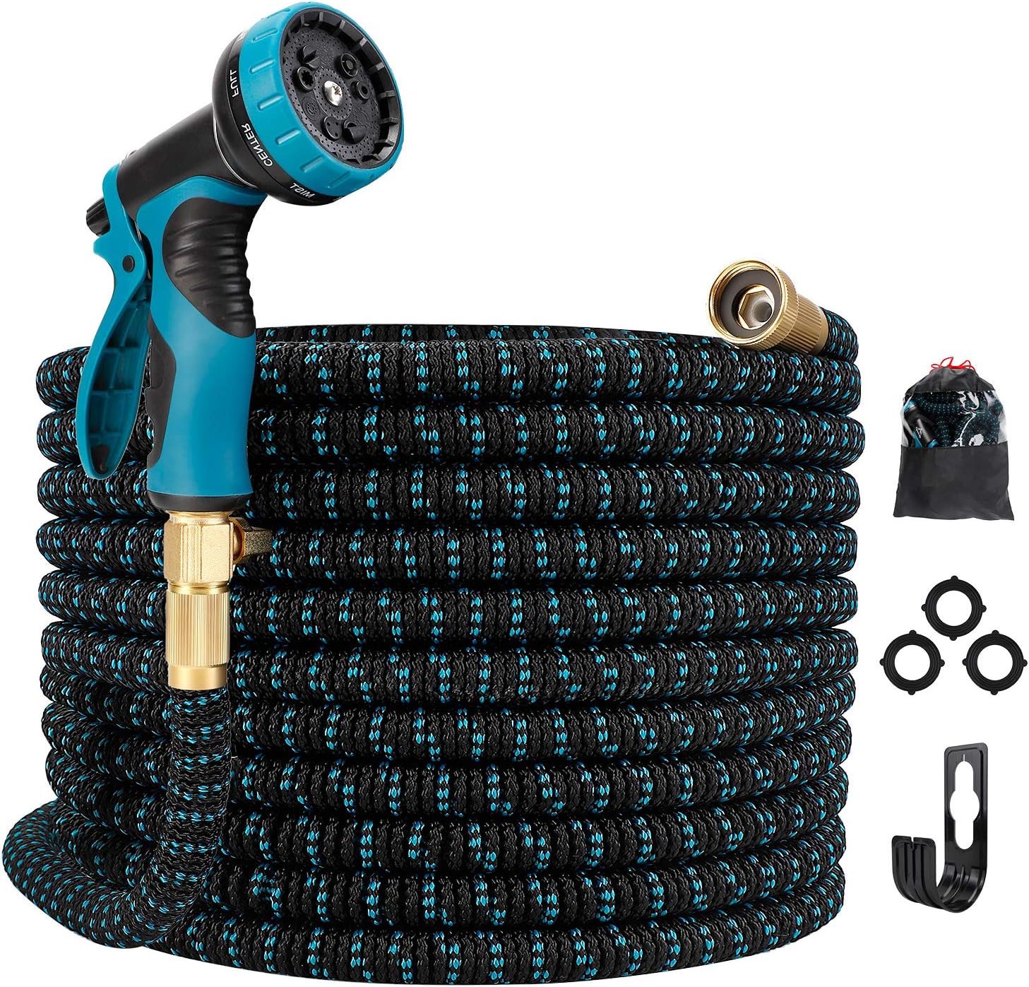 Gpeng Expandable Garden Hose, Water Collapsible Hose with 9 Function Spray Nozzle, Durable 3-Layers Latex Core with 3/4" Solid Brass Fittings, Lightweight Expanding Flexible Hose