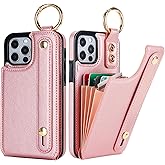 Folosu for iPhone 12/12 Pro Wallet Case with Card Holder, Hand Wrist Strap Loop Holder Kickstand, RFID Blocking Finger Grip Ring PU Leather Double Buttons Shockproof Cover 6.1" Rosegold