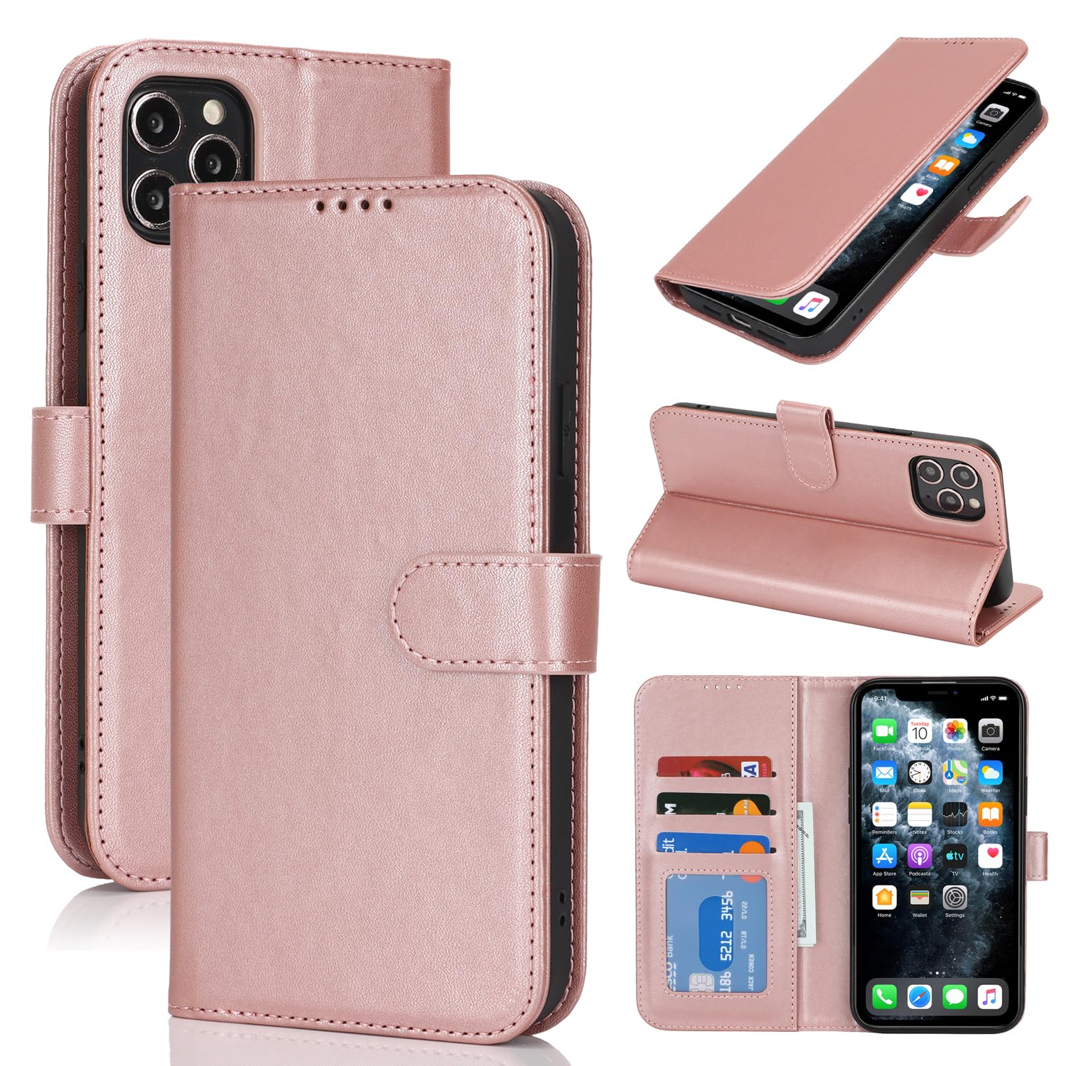 SunYoo for iPhone 11 Pro Max Case Wallet with Card Holder,for iPhone 11 Pro Max Wallet Case for Women Men,PU Leather Shockproof Magnetic Buckle Stand Flip Phone Case-Rose Gold