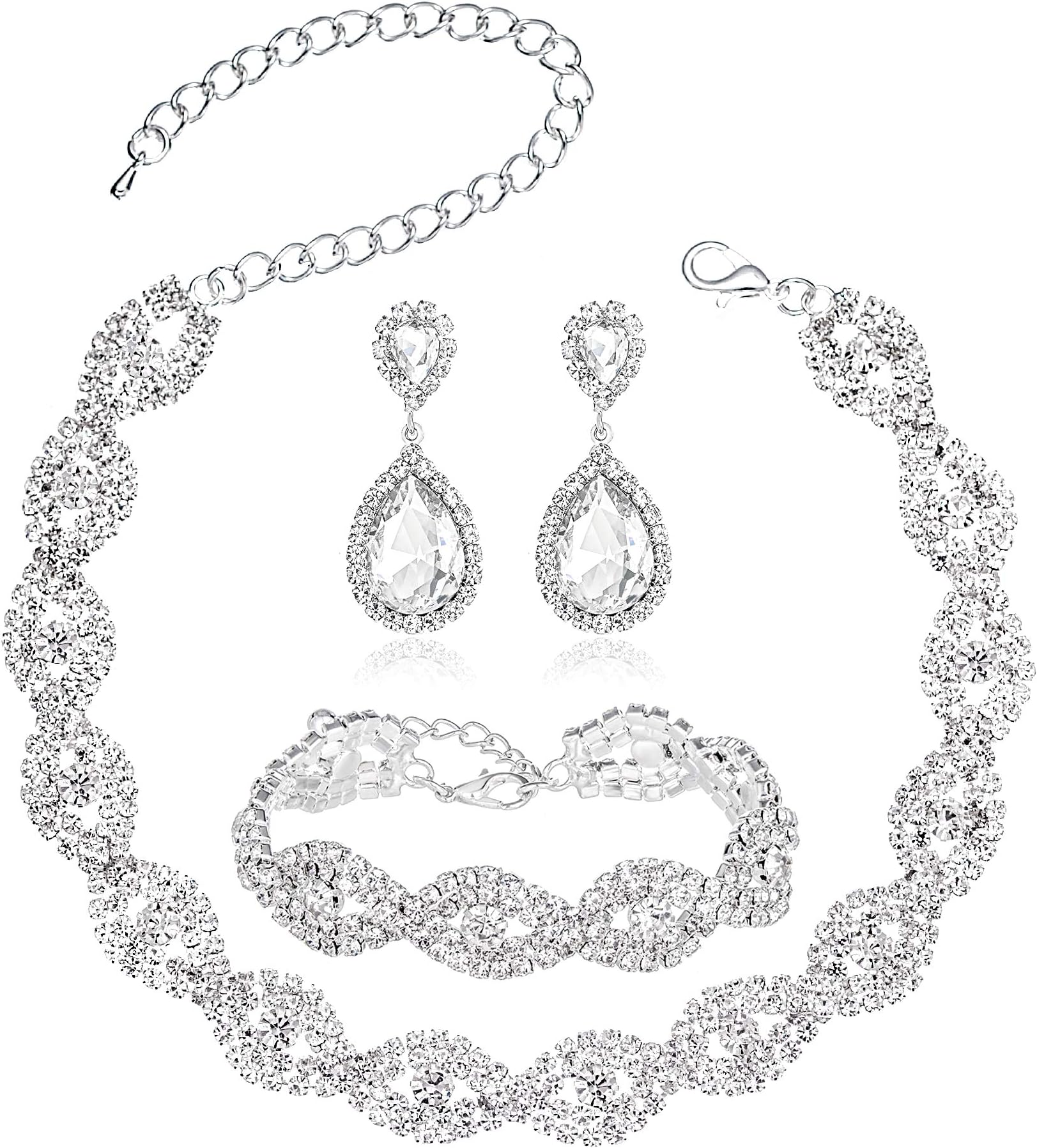 Choker Necklace for Women - Jewelry Sets for Women,Rhinestone Crystal Necklace Link Bracelet Teardrop Dangle Earrings for Women,Party Mother's Day Prom Wedding Fashion Jewelry Gift