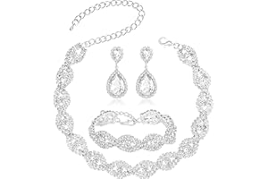 Miraculous Garden 3/4 Pieces Women Jewelry Set Artificial Rhinestone Crystal Bride Statement Choker Necklace Tiara Crown Link Bangle Bracelet Teardrop Dangle Earrings Set