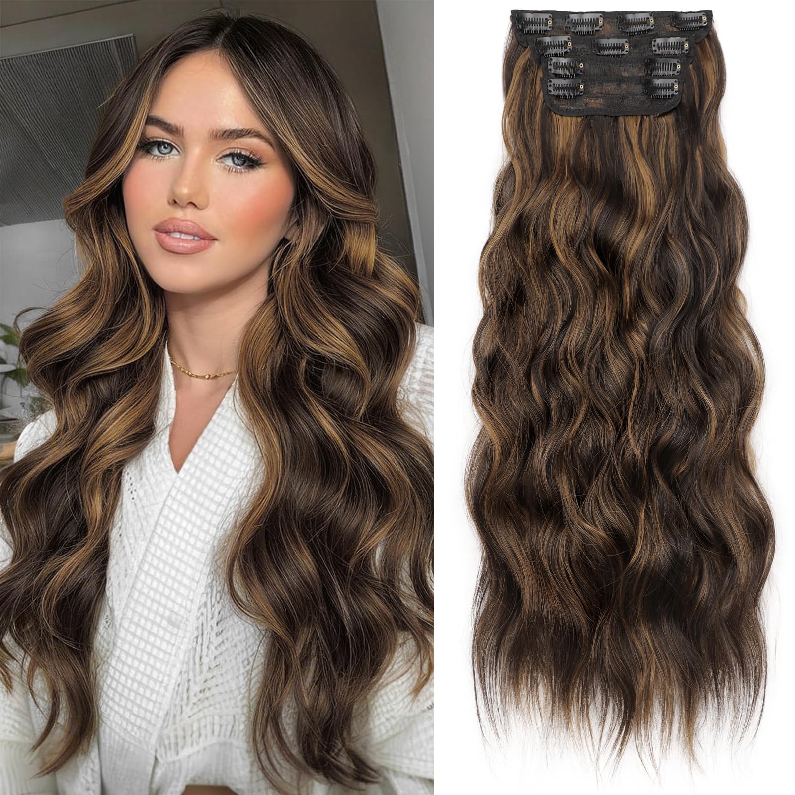 Photo 1 of KooKaStyle Clip in Hair Extensions Long Wavy 4PCS Thick Hairpieces Synthetic Highlight Hair Extensions Balayage Dark Brown to Chestnut H2/426 Fiber Double Weft Natural 24Inch for Women