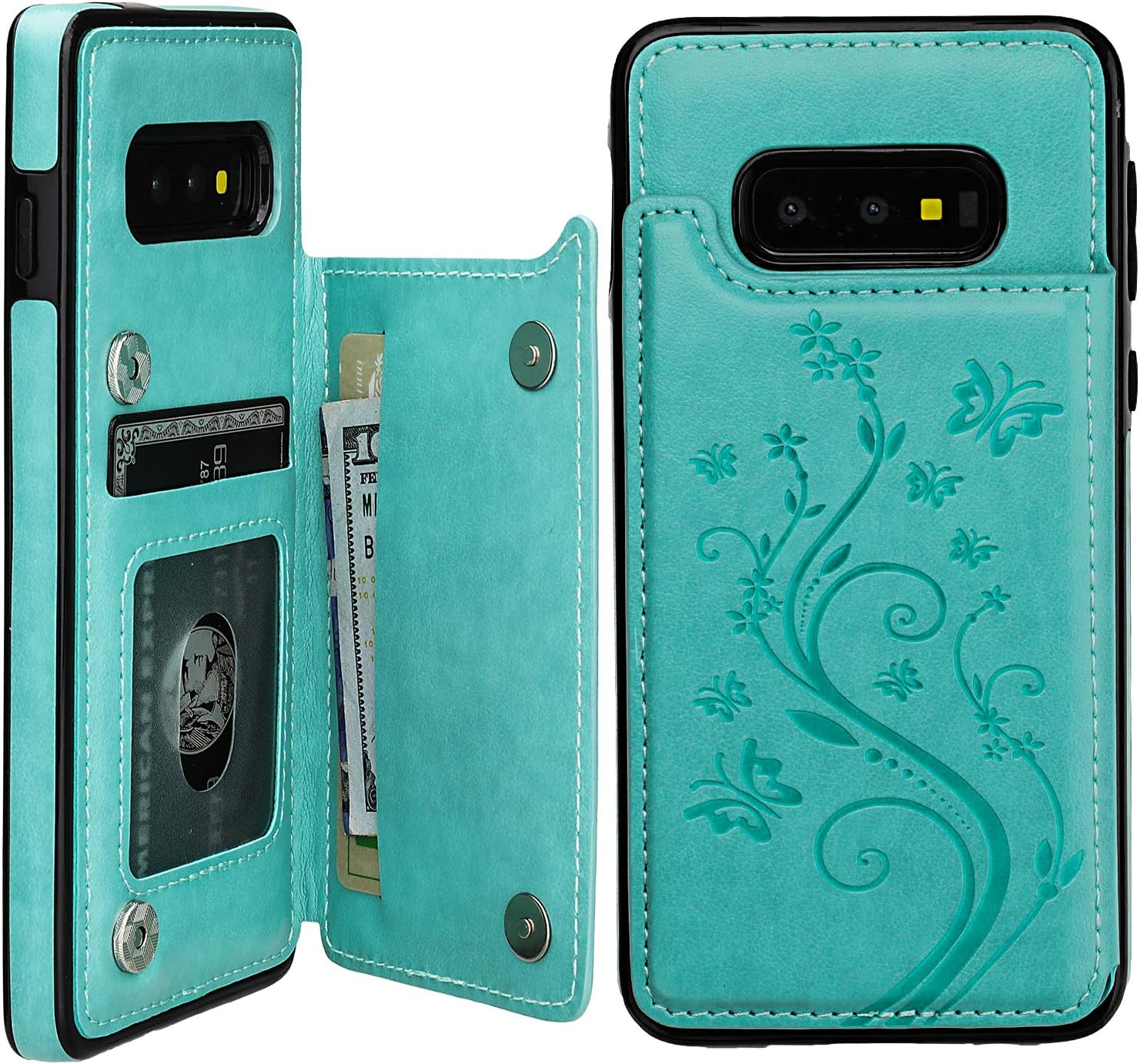 Vaburs S10e Case Wallet with Card Holder, Embossed Butterfly Premium PU Leather Double Magnetic Buttons Flip Shockproof Protective Case Cover for Samsung Galaxy S10e(Butterfly Mint Green)